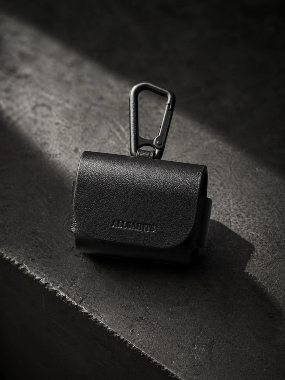 AllSaints Black Leather AirPods Case with Carabiner Clip